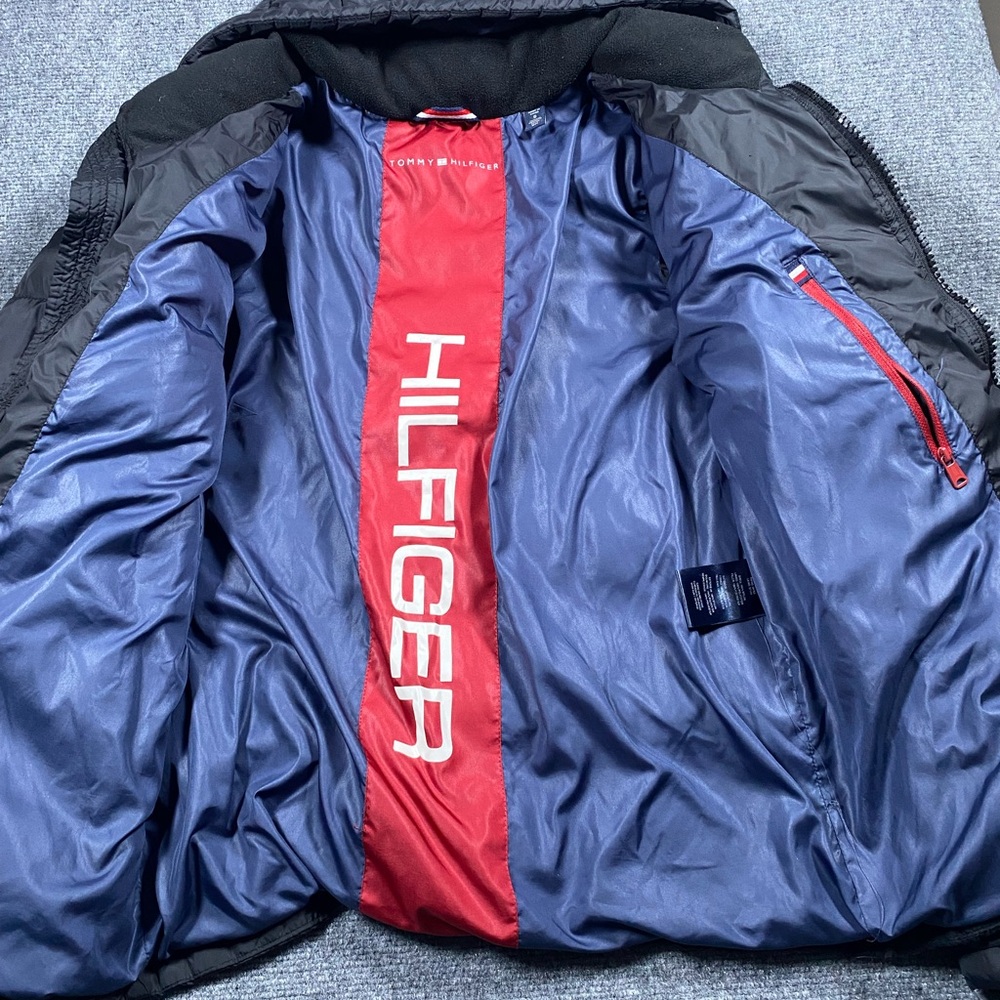 Tommy Hilfiger Men's Black Jacket with Blue and Red Lining size S